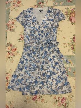 Express White and Blue Floral Wrap Mini Dress